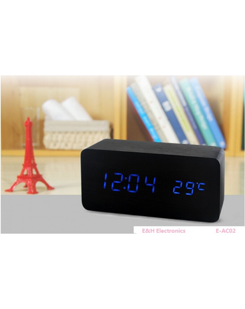 Sounds Control Alarm Clocks, Thermometer LED Digital Clock,Wood wooden Big Numbers Table Clock, Desktop Clock