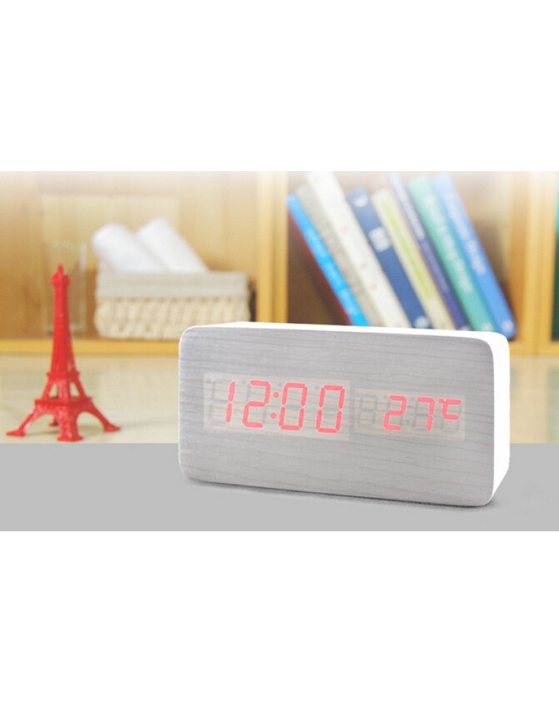 Sounds Control Alarm Clocks, Thermometer LED Digital Clock,Wood wooden Big Numbers Table Clock, Desktop Clock