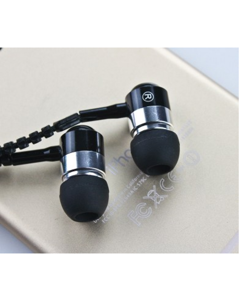 Metal zipper Headset In-Ear Earphones stereo headset microphone wire earphone for mobile phone wholesale tape