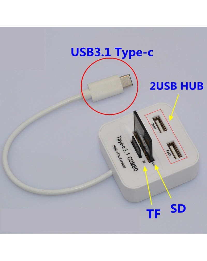 Mini USB 3.1 Type-C Hub Adapter To Dual 2 USB 2.0 Ports + SD/TF Card Reader For Chromebook New Macbook etc